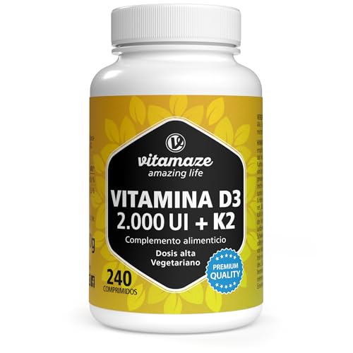 Vitamaze® Vitamin D3 K2 high dose, 2000 IU Vitamina D3 + 100 mcg Vitamina K2 MK7 All Trans, 240 comprimidos Vitamina D sin aditivos innecesarios, Fabricado en Alemania