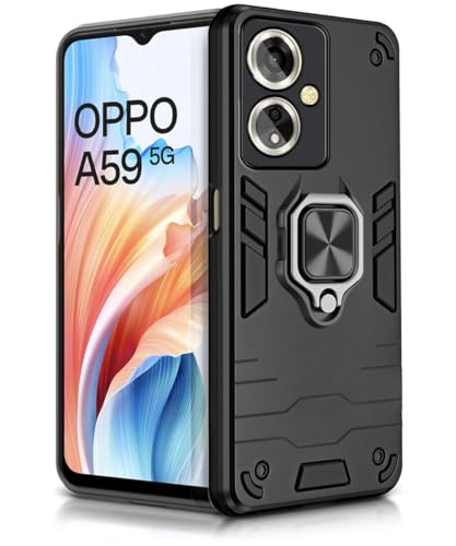 Image of WOW IMAGINE Shock Proof Back Case Mobile Cover for Oppo A59 5G | Bumper Back Cover Case (Tough Armor | Hybrid PC + TPU | Full Protection with Ring Holder & in-Built Kickstand | Black)