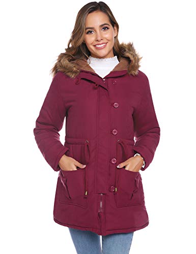 iClosam Women's Warm Winter Coats with Hooded Faux Fur Lined Outwear Jacket Wine Red