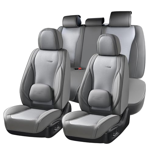 Image of Coverado Car Seat Covers Full Set, Gray Seat Covers for Cars, Waterproof Nappa Leather Automotive Seat Covers with Lumbar Head Pillow, Car Seat Protectors, Universal Fit for Most Cars SUV