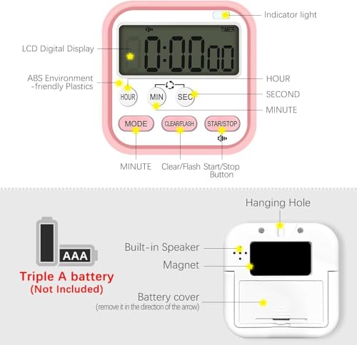 Image of Multipurpose Digital Kitchen Timer with Loud Alarm, LCD Display, Magnetic Back & Stand, Countdown Stopwatch for Cooking, Study & Baking - Multicolor