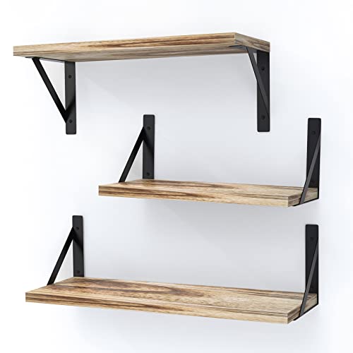 Tawdeez Rustic Wood Floating Shelves Set of 3 for Wall, Paulownia Wooden Wall Mounted Shelf for Living Room/Bedroom/Bathroom/Kitchen/Laundry room/Home/Office