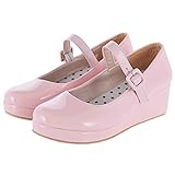 Parisuit Womens Mary Jane Wedge Platform Shoes Patent Leather Ankle Strap Pumps Sweet Shoes-Pink Size 8