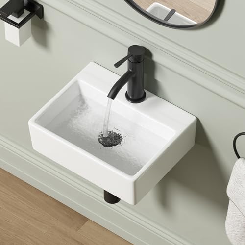 Wall Mounted Bathroom Vessel Sink QISHKA 15 X 12 Rectangular Floating Ceramic Wash Hand Basin White Wall Hung Vanity Sink for Bathroom and Cloakroom