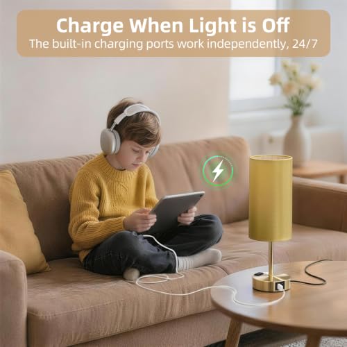 Image of Bedside Table Lamp, Dimmable Touch, AC Outlet, USB A+C (Gold) | 3-Way Dimmable, Small Touch Lamp with Eye-Care LED Bulb, Ideal Soft Lighting for Nightstand, Bedroom, Reading, Living Room
