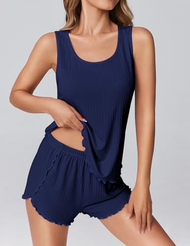 Image of Ekouaer 2 Pieces Womens Tank Top Pajamas Set Soft Sleepwear Cami and Shorts