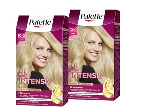 Palette Crema intensiva de coloración 10-0/200, rubio natural claro (2 x 115 ml), tinte permanente para el cabello brillante y duradero y cobertura 100% de canas