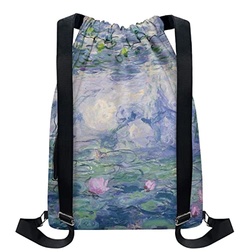 JooMeryer Monet Drawstring Backpack Large Capacity Front Zipper Pocket Yoga Gym Sports Beach Sackpack,Monet Water Lilies2