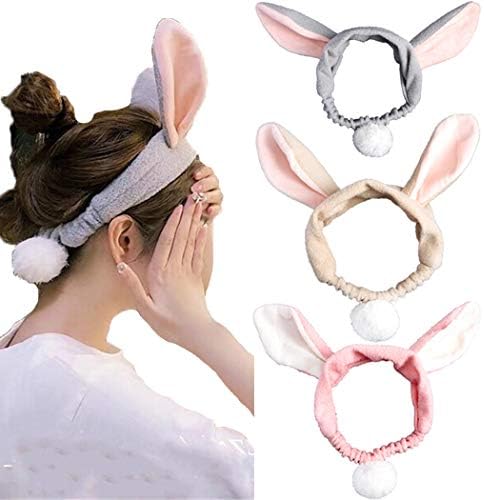 JONKY Spa Wash Headband Cute Bunny Headbands Wide Makeup Hair Band Shower Bath Rabbit Hairband Terry Cloth Headband Elastic Hair Wrap Adjustable Non Slip Hair Accessories for Women and Girls(Pack of 3)