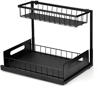 Pull-Out Storage Baskets - 2 Tier Under Sink Kitchen Organizer Rack Metal Black for Food, Seasoning Jar etc.