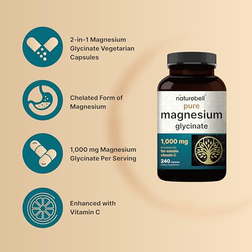 NatureBell Pure Magnesium Glycinate 1,000 mg, 240 Vegetarian Capsules | 1,000 mg Magnesium Glycinate Per Serving - Chelated Magnesium Form with Vitamin C – Non-GMO, Filler Free, cGMP Manufactured
