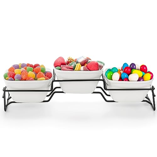 ZENFUN 10 oz Square Bowl Chip & Dip Serving Set, Pocelain Ramekin Bowls with Metal Rack Stand, White Small Serving Dishes, Condiment Serving Tray for Entertaining, Party, Buffets - Image 7