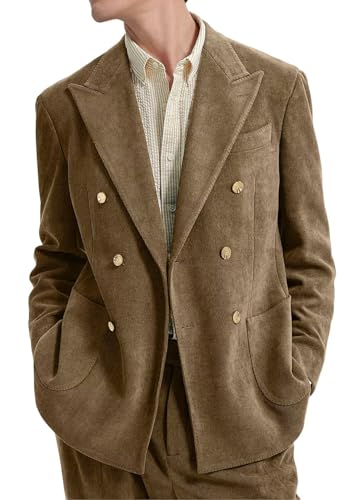 Retro Suits for Men Khaki Vintage Corduroy Formal 2 Piece Mens Suit Slim Fit Groom Tuxedos Prom Blazer Jacket Pants Set XL