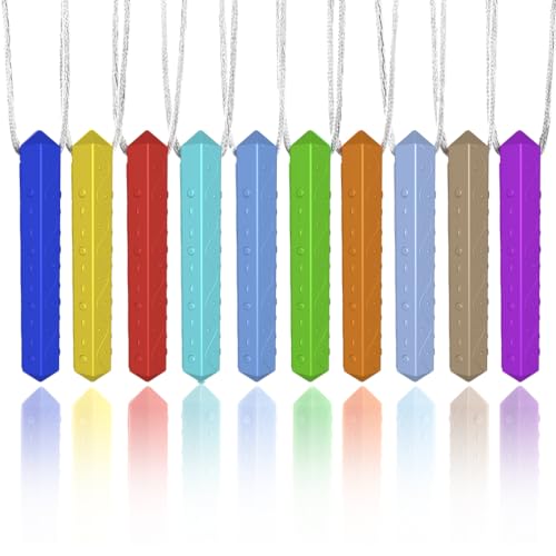 Sensory Chew Necklace Set 10 Pack Silicone Chewy Pendant Necklaces with Adjustable Breakaway Cord BPA Free Chewing Accessories in Assorted Colours for Daily Sensory Use