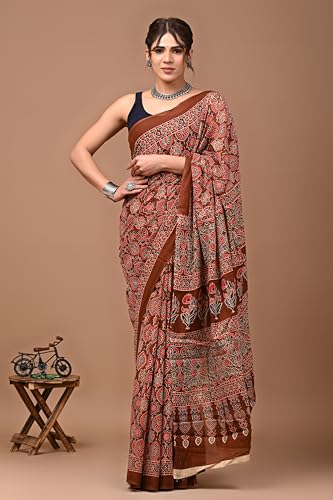 Image of Crafts Moda Hand Block Ajrakh Print Cotton Saree for women with Blouse | Soft comfortable wear sari