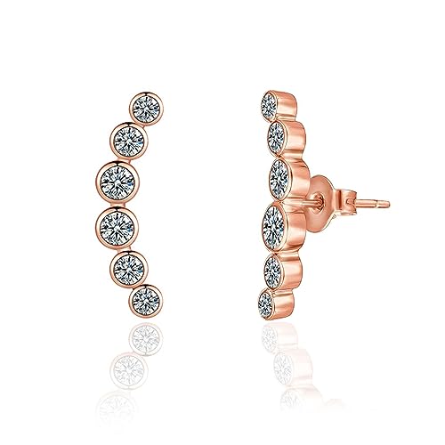 Ear Crawler Earrings Stylish Stud Earrings 316L Stainless Steel Six Diamond Cubic Zirconia Linked Women's Stud Earrings.Faux Diamond Climber Fashion Earrings in Rose Gold and White Gold (Rose Gold)