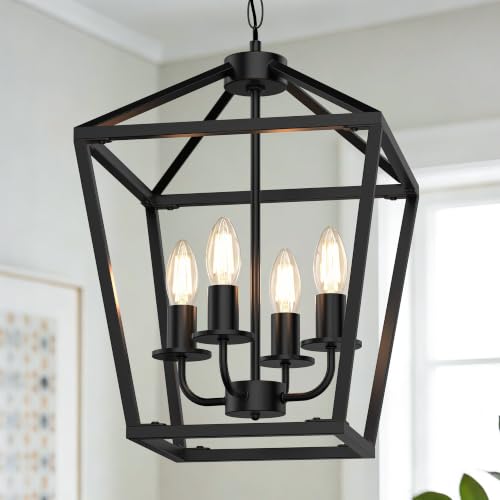 Image of 4 Light Black Chandelier, Industrial Farmhouse Lantern Cage Ceiling Light, Adjustable Height Rustic Geometric Hanging Light for Kitchen Island, Dining Room, Entryway, Hall, Sloped Ceiling