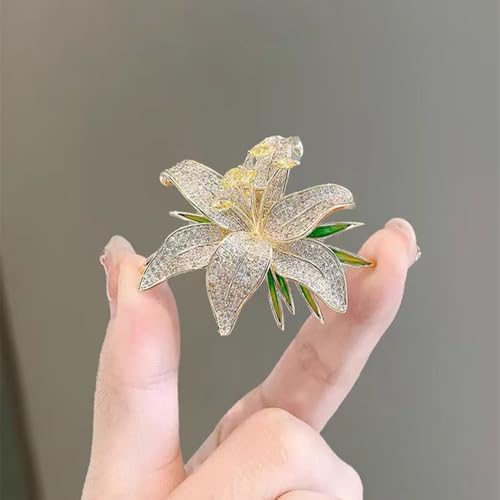 Image of Lily Flower Wedding Statement Brooch Art CZ Lapel Pin Austrian Crystal Leaf Bouquet Clusters Brooches Elegant Dress Suit Sweater Accessories for Women Ladies Party Prom Xmas Jewelry Gift