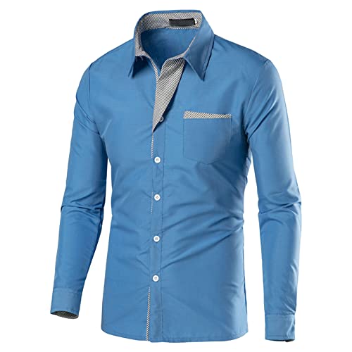 Mens Long Sleeve Stylish Dress Shirts Patchwork Casual Button Down Shirts Turn-Down Collar Shirt Top with Pockets (Blue,Large)