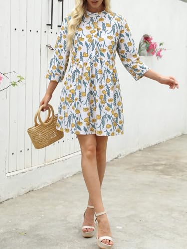 Image of EZAPINE Floral Dress for Women 3 /4 Sleeve Shift Boho Cotton Shirt Dresses | Button Up,Summer,Mini,Above Knee,Casual,for Picnic,Vacation
