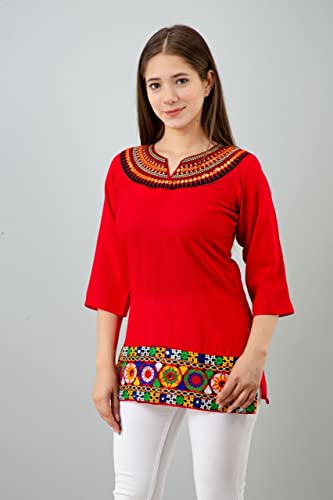 Image of Women's Rayon Embroidery Work Short Top | Short Kurti for Women | Embroidered Straight Rayon Kurta | Tunic Tops for Women