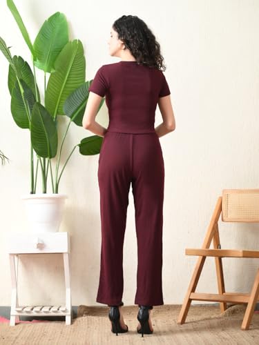 Image of Maroon Ribbed Co-ord Set | Round Neck Crop Top with High Waist Pant