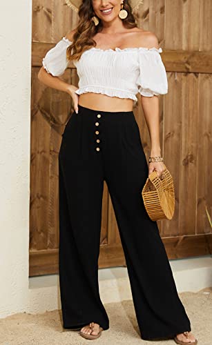 SVALIY Women Flowy Pants Cotton Linen Wide Leg Palazzo Pants Long Lounge Slacks High Waist Button Trousers Pocket2