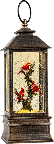 10'' Lighted Cardinal Music Snow Globe Water Lantern with Swirling Glitter Decoration for Christmas Home, Living Room, Battery Operated or USB Powered
