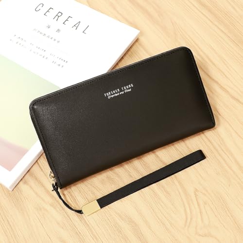 Women Wallet Leather Zip Around Phone Clutch Large Capacity Ladies Travel Purse Wristlet (Black)