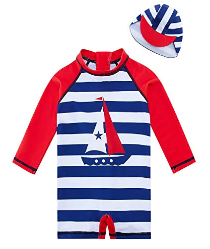 ADUKIDE Infant Boy One Piece Zip Striped Boat Sunsuit with Sun Hat Bathing Suit Swimsuit UPF 50+ Swimwear Size 6-12 Months