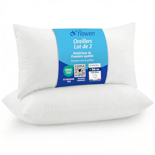 Flowen Oreiller 50x70 Lot de 2 pour Le Lit Coussins pour Dormir et Décoratifs Antiallergiques Anti-Acariens et Rafraichissant Rectangulaire Taie d'oreiller...