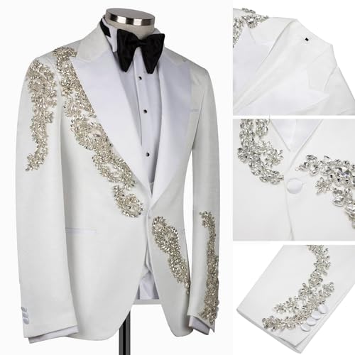 Men's Tuxedo Jacket Rhinestones One Button Slim Dress Blazer for Groom Wedding White Prom Dinner Party Suit Blazer4