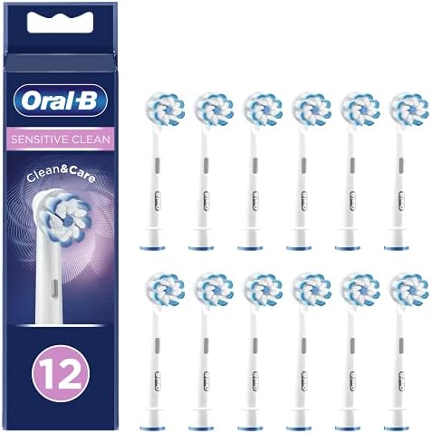 Oral-B Sensitive Clean Electric Toothbrush Head with Clean & Care Technology, Extra Soft Bristles for Gentle Plaque Removal, Pack of 12, Suitable for Mailbox, White