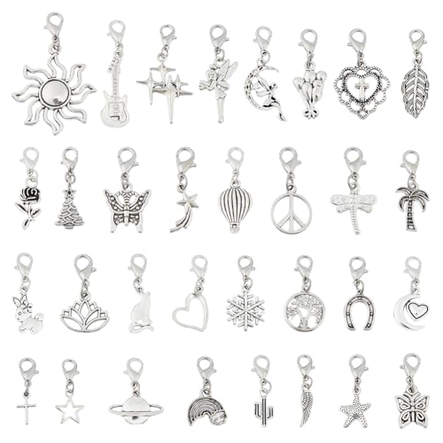 DICOSMETIC 32Pcs Alloy Clip On Bracelet Charms Assorted Dangle Charms with Clasps Jewelry Accessories for DIY Earrings Necklace Crafts Decoration Antique Silver & Platinum