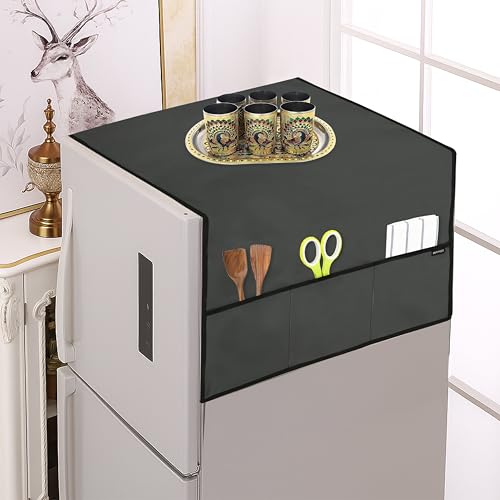 Image of Premium Refrigerator Single Door Waterproof & Dustproof Protective Top Cover with 6 Storage Pockets - Washable Polyester Fridge Cover for Kitchen Organization (130 x 54 cm, Dark Grey)