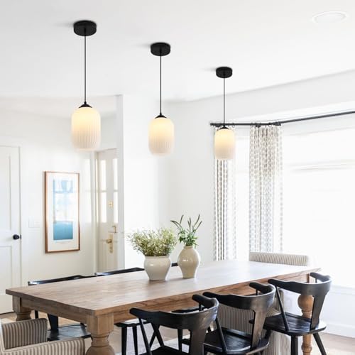 KCO Farmhouse Black Small 5.5” Ribbed Cylinder White Glass Pendant Light by KCO - Used condition - Image 3