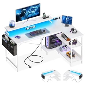 Coleshome Gaming Tisch L Form mit LED&Steckdosen, 120x80cm Eckschreibtisch Weiß mit Regal Reversibler Schreibtisch L Form mit Monitorständer Ecktisch für Büro Arbeitszimmer