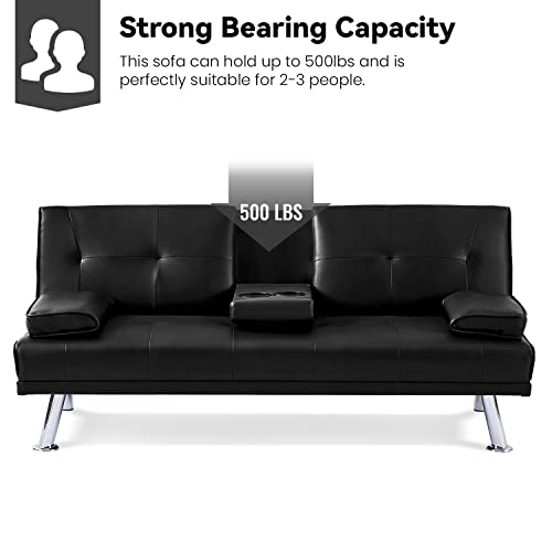 Awqm Faux Leather Futon Sofa Bed Upholstered Modern Convertible Sofa Bed Small Couch Bed Adjustable Couch Sleeper For Compact Living Space, Removable Armrests, Metal Legs, 2 Cupholders, Black #TOP6