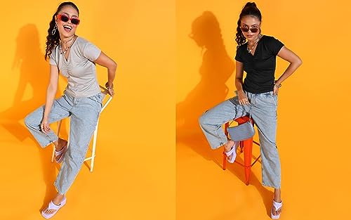 Image of POPWINGS Casual Solid V-Neck Short Sleeves Summer Wear Tops Combo for Women