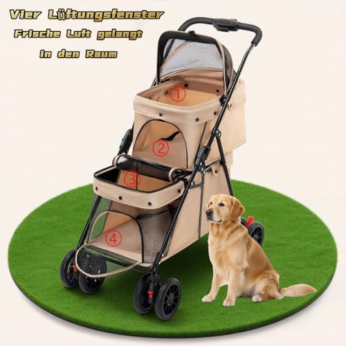 Faltbarer Hundewagen 2 Etagen, Haustiere Buggy Kann 24 kg Tragen, Hundebuggy mit Netzfenstern Sicherheitsgurt 4 Räder, Faltbar klappbar Katzenbuggy für 2 Kleine Hunde Katzen (Braun)