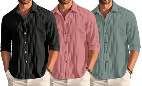 Image of FINIVO FASHION Combo of Men's Casual Cotton Plain Button Down Shirt Long Sleeve Textured Summer Beach Shirt for Men Pack of 3