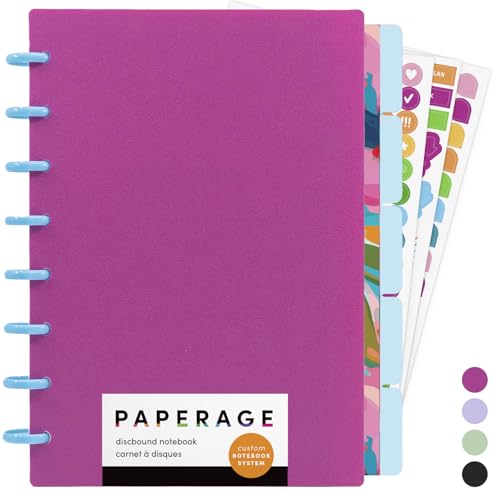PAPERAGE Customizable Discbound Notebook 114 Pages All-in-One 8-Disc Refillable Spiral Journal with Removable Pages 12-Month Undated Calendar Dividers & Stickers (Raspberry) 8.7 in x 6.6 in