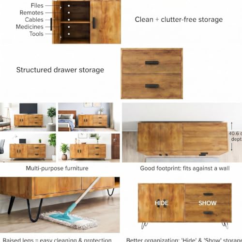 Image of FFO Haven Sideboard Cabinet for Living Room | 2 Door Storage Cabinet with 2 Drawers, Modern Sideboard Cupboard for Bedroom, Dining Room & Hallway, Wood Finish Cabinet with Metal Hairpin Legs DIY