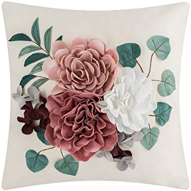 JWH Handmade 3D Flower Pillow Cover Aesthetic Decorative Colorful Throw Pillow Floral Accent Pillow Case Cute Cushion for Couch Bed Living Room Bedroom Decor Euro Shams 18x18 Inch Beige Pink