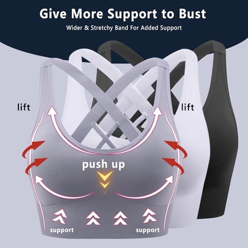 Image of Sports Bra, Workout Tops for Women, Medium Impact Strappy Padded Sports Bras for Women High Support (Medium, 003 Style Black & White & Gray 3pieces)