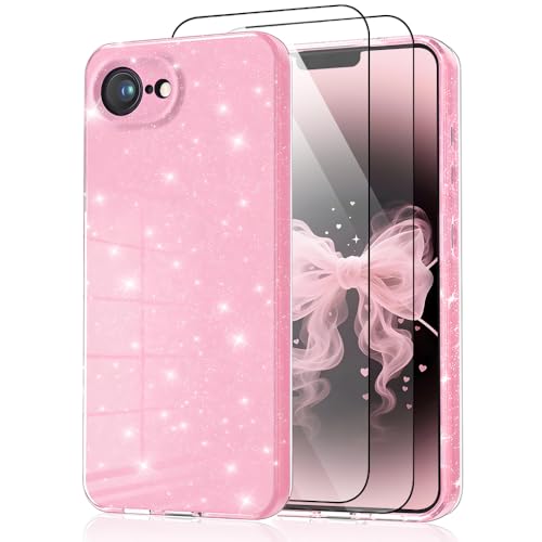 CaseLover Funda Compatible con iPhone 16E 6.1' Glitter, Carcasa Purpurina con 2 Protector Pantalla Cute Brillante Ultrafina Protectora Suave TPU Silicona Anti-Choques Fundas para iPhone 16E, Rosa