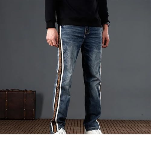 Men's Loose Straight Tube Washed Denim Street Edging Striped Personalized Pants3
