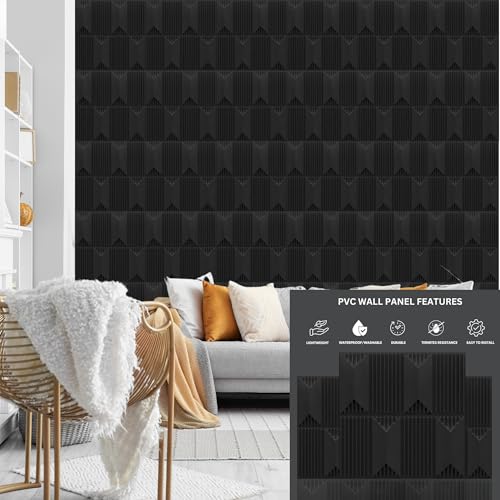 Image of Kayra Decor Wall Panels for Bedroom PVC Artisian Design, Black Color 19.7 inch x 19.7 inch (Pack of 18) - Covers 48.51 Sq. Ft.