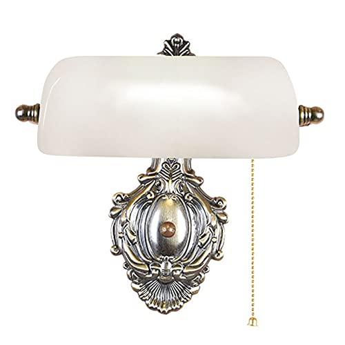 YIYISENH Industrie Retro Wandleuchte Weiss Glas Schirm Rotieren Verstellbare Wandlampe mit Zugkettenschalter E27 Bankerlampe Wandlicht für Wohnzimmer Schlafzimmer Büro Studieren Nachttischlampe Cover