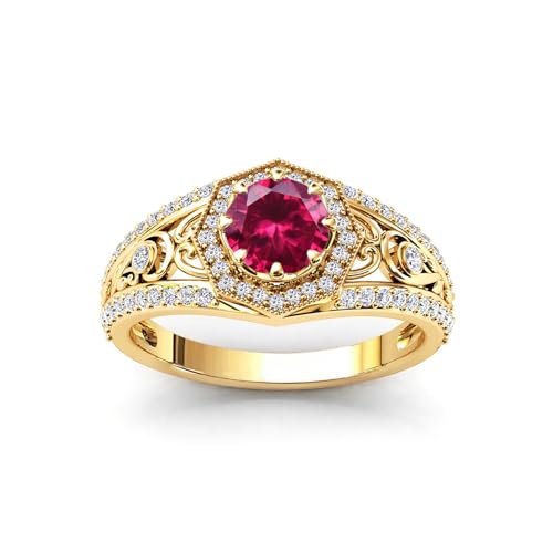 10K 14K 18K Gold Round Cut Gemstone Vintage Rings for Women 7MM(1.3CT) Gemstone and Moissanite Promise Statement Anniversary Ring for Her Size 4-15